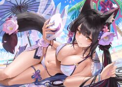 Rule 34 | 1girl, animal ear fluff, animal ears, beach, bead bracelet, beads, bikini, black hair, blue archive, blue sky, blush, bracelet, breasts, cleavage, collarbone, colored inner hair, commentary request, day, flower, fox ears, fox girl, fox mask, fox tail, hair flower, hair ornament, halo, halterneck, holding, holding mask, jewelry, large breasts, long hair, looking at viewer, lying, mask, multicolored hair, navel, official alternate costume, oil-paper umbrella, on side, outdoors, petals, red hair, ribbon, sky, smile, solo, stomach, string bikini, swimsuit, tail, tail flower, tail ornament, thigh strap, umbrella, wakamo (blue archive), wakamo (swimsuit) (blue archive), water, white bikini, yasawa kichi, yellow eyes