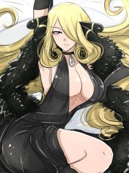 Rule 34 | 1girl, blonde hair, breasts, choker, creatures (company), cynthia (pokemon), dress, game freak, gloves, highres, jewelry, large breasts, long hair, necklace, nintendo, omiza somi, pokemon, pokemon dppt, solo, tagme, very long hair