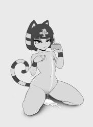 Rule 34 | 1girl, animal crossing, animal ears, ankha (animal crossing), artofpechi, bob cut, breasts, cat ears, cat tail, cleft of venus, commentary, completely nude, cup, english commentary, eyeshadow, furry, furry female, greyscale, highres, holding, holding cup, makeup, monochrome, naughty face, nintendo, nipples, nude, pussy, sitting, small breasts, solo, spilling, striped tail, suggestive fluid, tail, thick thighs, thighs, wristband