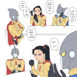 Rule 34 | 1girl, 2boys, applying makeup, blue cape, blue eyes, cape, colored sclera, colored skin, dragon ball, dragon ball super, dragon ball super super hero, dual persona, gamma 1, gamma 2, genderswap, genderswap (mtf), genniax, grey skin, highres, jacket, makeup, multiple boys, ponytail, red cape, red ribbon army, superhero costume, yellow jacket, yellow sclera