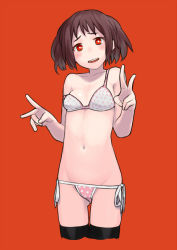 Rule 34 | 1girl, bare shoulders, black thighhighs, blush, bra, breasts, brown hair, cleavage, cowboy shot, cropped legs, double v, navel, orange background, panties, pink bra, pink panties, polka dot, polka dot bra, polka dot panties, red eyes, robo8, short twintails, side-tie panties, simple background, small breasts, smile, solo, strap slip, string panties, thighhighs, twintails, underwear, underwear only, v
