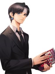 Rule 34 | 1boy, absurdres, bandages, black eyes, black hair, black jacket, black necktie, black suit, book, chrollo lucilfer, collared shirt, dress shirt, earrings, formal, headband, highres, himmel (allsky83), holding, holding book, huge filesize, hunter x hunter, jacket, jewelry, long sleeves, looking at viewer, male focus, necktie, parted bangs, shirt, short hair, simple background, solo, suit, upper body, white background, white shirt
