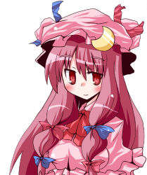 Rule 34 | 1girl, alternate hair color, blue bow, blue ribbon, blush, bow, crescent, crescent hair ornament, dress, female focus, frilled dress, frilled sleeves, frills, hair ornament, hair ribbon, hat, hat ribbon, kuraryu, long hair, mob cap, patchouli knowledge, pink hair, red bow, red eyes, red ribbon, ribbon, solo, touhou, upper body