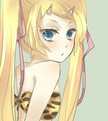 Rule 34 | 1girl, alternate costume, back, bandeau, bare shoulders, bikini, blonde hair, blue eyes, blush, bow, chestnut mouth, flat chest, from side, hair ribbon, horns, long hair, looking at viewer, looking back, niche (tegami bachi), oni, oni horns, ribbon, simple background, sketch, slit pupils, solo, swept bangs, swimsuit, tegami bachi, twintails, upper body, very long hair, yuu (positive-yu)