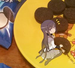 Rule 34 | 1girl, 2013, :t, akemi homura, back bow, black bow, black hair, blush, boots, bow, commentary request, crumbs, dated, eating, food, food on face, grey footwear, grey shirt, hairband, high heels, holding, holding food, long hair, long sleeves, looking at viewer, looking back, mahou shoujo madoka magica, mahou shoujo madoka magica (anime), mini person, minigirl, multicolored shirt, oreo, photo (medium), photo background, plate, purple eyes, purple hairband, samidare (hoshi), shirt, sitting, skirt, solo, table, thigh boots, thighhighs, wariza, white shirt, wooden table