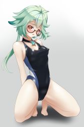 Rule 34 | 1girl, absurdres, animal ears, cameltoe, choker, commentary, competition swimsuit, covered erect nipples, english commentary, full body, genshin impact, glasses, green hair, grey background, highleg, highleg swimsuit, highres, kneeling, long hair, one-piece swimsuit, otocai, semi-rimless eyewear, simple background, solo, sucrose (genshin impact), swimsuit