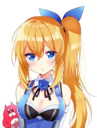 Rule 34 | 1girl, :o, black neckwear, blonde hair, blue eyes, blue flower, blue ribbon, breasts, character request, cleavage, creature, crossed bangs, crossover, detached collar, elbow gloves, flower, gloves, hair ribbon, highres, hoshi tanuki (shironeko project), long hair, looking at viewer, medium breasts, mirai akari, mirai akari project, nameneko (124), neck ribbon, ribbon, shironeko project, side ponytail, sidelocks, simple background, star (symbol), upper body, virtual youtuber, white background, white gloves