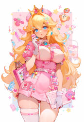 Rule 34 | 1girl, ? block, belt, blonde hair, blue eyes, blush, breasts, clipboard, commentary, crown, dr. mario (game), dress, earrings, elephant fruit, english commentary, fire flower, gloves, goomba, hair between eyes, hair ornament, hat, highres, jewelry, kirby, kirby (series), large breasts, long hair, looking at viewer, mario (series), maxim tomato, mushroommirror, nintendo, nurse, nurse cap, open mouth, pill, pink dress, princess peach, puffy short sleeves, puffy sleeves, short sleeves, single thighhigh, skindentation, solo, star (symbol), stethoscope, super leaf, super mario bros. wonder, super mushroom, super star (mario), syringe, thighhighs, thighs, very long hair, virus (dr. mario), waddle dee, white background, white gloves, white thighhighs