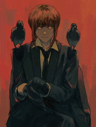 Rule 34 | 1girl, absurdres, animal, animal on shoulder, bird, bird on shoulder, black gloves, black necktie, black pants, braid, braided ponytail, chainsaw man, collared shirt, crow, formal, gloves, highres, looking at viewer, makima (chainsaw man), medium hair, necktie, pants, red background, red hair, red theme, ringed eyes, shiej007, shirt, shirt tucked in, sidelocks, smile, solo, suit, white shirt, yellow eyes