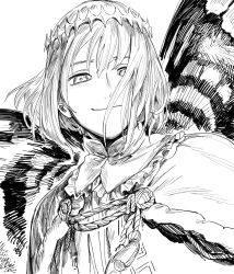 Rule 34 | 1boy, absurdres, butterfly wings, cape, closed mouth, crown, diamond hairband, fate/grand order, fate (series), fur-trimmed cape, fur trim, greyscale, highres, insect wings, long hair, looking at viewer, male focus, monochrome, oberon (fate), qmiqun, smile, solo, wings