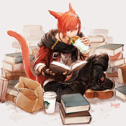 Rule 34 | 1boy, animal ears, ankle boots, bag, belt buckle, black footwear, black pants, black scarf, book, book stack, boots, braid, braided ponytail, brown background, brown gloves, buckle, cat boy, cat ears, cat tail, commentary, crossed ankles, cup, dated, disposable cup, eating, elbow gloves, expressionless, facial mark, final fantasy, final fantasy xiv, fingerless gloves, food, g&#039;raha tia, gloves, hair between breasts, hair ornament, holding, holding book, holding food, jacket, jewelry, knee up, looking at viewer, low ponytail, male focus, miqo&#039;te, neck tattoo, notice lines, open book, pants, paper bag, pendant, red eyes, red hair, red jacket, sandwich, scarf, shirt, short hair, short ponytail, shoulder belt, signature, sitting, slit pupils, solo, swept bangs, tail, tattoo, uroko (mnr), white shirt, x hair ornament