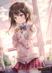 Rule 34 | 1girl, bow, bowtie, brown hair, brown sweater, classroom, collared shirt, cowboy shot, crying, crying with eyes open, curtains, envelope, hair ornament, hairclip, highres, holding, indoors, long hair, miniskirt, original, parted lips, plaid, plaid skirt, pleated skirt, r o ha, red eyes, red skirt, school uniform, shirt, skirt, solo, sweater, tears, thighhighs, undershirt, valentine, white thighhighs, window, zettai ryouiki