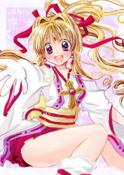Rule 34 | 1990s (style), 1girl, :d, blonde hair, blush, copyright name, earrings, gradient background, hair intakes, hair ribbon, jewelry, kaitou jeanne, kamikaze kaitou jeanne, kusakabe maron, long hair, magical girl, open mouth, outstretched hand, ponytail, purple eyes, red ribbon, red skirt, retro artstyle, ribbon, skirt, smile, solo, yaya (yayaya)