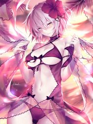 Rule 34 | 1girl, ahoge, artist name, bare shoulders, beach, bikini, blush, bow, bracelet, breasts, choker, cleavage, clenched teeth, collarbone, commentary request, cross, fate/grand order, fate (series), flower, hair between eyes, hair flower, hair ornament, halterneck, hands up, hibiscus, hip focus, jeanne d&#039;arc (fate), jeanne d&#039;arc alter (avenger) (fate), jeanne d&#039;arc alter (fate), jewelry, kousaki rui, large breasts, lens flare, looking at viewer, navel, outdoors, pale skin, palm tree, purple bikini, short hair, signature, silver hair, solo, sunset, swimsuit, teeth, tree, wet, yellow eyes