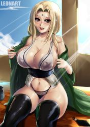 Rule 34 | 1girl, blonde hair, blue sky, blush, breasts, brown eyes, cleavage, cloud, coat, curvy, covered erect nipples, female focus, forehead, highres, huge breasts, japanese clothes, kimono, leonart, lipstick, long hair, looking at viewer, makeup, nail polish, naruto, naruto (series), naruto shippuuden, open clothes, panties, sky, solo, tsunade (naruto), underwear, upper body