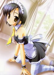 Rule 34 | 1girl, absurdres, bare shoulders, black hair, blush, hagiwara onsen, highres, maid, necktie, pantyhose, short hair, skirt, solo, striped clothes, striped pantyhose, wrist cuffs, yellow eyes