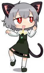 Rule 34 | 1girl, :3, alternate animal ears, alternate tail, animal ears, blush, capelet, cat ears, cat girl, cat tail, commentary request, cookie (touhou), crystal, flat chest, full body, grey footwear, grey hair, grey skirt, grey vest, hospital king, jewelry, long sleeves, looking afar, looking to the side, medium bangs, nazrin, nyon (cookie), open mouth, pendant, red eyes, shirt, shoes, short hair, simple background, skirt, smile, socks, solo, standing, standing on one leg, tail, touhou, vest, white background, white capelet, white shirt, white socks
