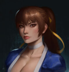 Rule 34 | 1girl, breasts, brown eyes, brown hair, cleavage, dead or alive, hair ribbon, highres, kasumi (doa), large breasts, lips, long hair, ponytail, portrait, ribbon, yc yorkchow