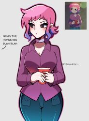 Rule 34 | 1girl, blush, breasts, brown eyes, choker, cleavage, collarbone, cup, derivative work, disposable cup, english text, frown, green pants, grey background, highres, holding, holding cup, jewelry, large breasts, long sleeves, looking to the side, multicolored hair, pants, pink choker, pink hair, pink shirt, purple hair, ramona flowers, ring, scott pilgrim (series), screenshot redraw, shirt, simple background, solo, touyarokii, two-tone hair
