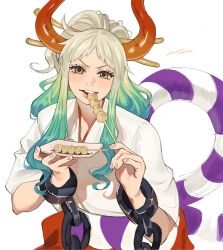 Rule 34 | 1girl, absurdres, aqua hair, chain, commentary, dango, eating, eyelashes, food, gradient hair, hair ornament, hair stick, highres, horns, iago fn, long hair, looking at viewer, multicolored hair, one piece, open mouth, simple background, smile, solo, v-shaped eyebrows, wagashi, white background, white hair, yamato (one piece), yellow eyes