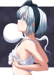 Rule 34 | 1girl, bare arms, black background, black ribbon, breasts, clothes lift, from side, green eyes, hair ribbon, highres, konpaku youmu, konpaku youmu (ghost), lifted by self, looking up, nori tamago, profile, revision, ribbon, short hair, silver hair, small breasts, solo, strap gap, tank top, touhou, upper body