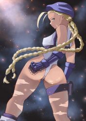 Rule 34 | 1girl, ass, bare legs, bare shoulders, blonde hair, blue eyes, braid, breasts, cammy white, covered erect nipples, curvy, fingerless gloves, from behind, gloves, guitarist yui, hat, highleg, highleg leotard, highres, huge ass, leotard, long hair, looking at viewer, medium breasts, sleeveless, solo, street fighter, street fighter 6, thighs, thong leotard, twin braids, very long hair, white leotard, wide hips