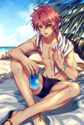 Rule 34 | 1boy, :d, alexander (fate), anklet, beach, blanket, blue male swimwear, blue swim briefs, braid, can, crossed legs, day, fate/grand order, fate (series), highres, holding, holding can, jewelry, lalatia-meai, long hair, male focus, male swimwear, open mouth, red eyes, red hair, sandals, single braid, sitting, smile, solo, summer, swim briefs, swimsuit, toned, towel, towel around neck