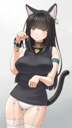 1girl :3 animal_ear_fluff animal_ears bell black_hair black_sweater blush breasts cat_ears cat_tail commentary_request garter_straps gluteal_fold gradient_background grey_background highres jingle_bell large_breasts long_hair looking_at_viewer meow_(nekodenki) original panties sleeveless sleeveless_sweater solo sweater tail thighhighs thighs underwear white_garter_straps white_panties white_thighhighs yellow_eyes