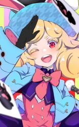 Rule 34 | 1girl, absurdres, animal ears, black gloves, blonde hair, blush stickers, bow, bowtie, buttons, finii (omega strikers), gloves, hat, heart button, highres, looking at viewer, magician, omega strikers, one eye closed, open mouth, pokechun29, rabbit ears, red eyes, solo, top hat