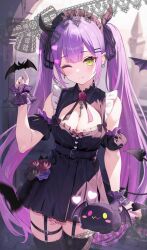 Rule 34 | 1girl, aria (ariacue), breasts, cleavage, green eyes, halloween, highres, hololive, medium breasts, one eye closed, purple eyes, smile, solo, tokoyami towa, twintails, virtual youtuber