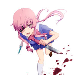 Rule 34 | 1girl, blood, bloody knife, blue skirt, charging forward, collarbone, gasai yuno, hair over one eye, holding, holding hands, knife, long hair, looking at viewer, mirai nikki, open mouth, phone, pink eyes, pink hair, pleated skirt, school uniform, shaded face, skirt, socks, solo, teito-oukoku, white background, white socks
