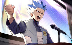 Rule 34 | 1boy, = (9 yawbus), black shirt, blue hair, clenched hand, commentary, creatures (company), cyrus (pokemon), game freak, grey eyes, grey vest, hand up, highres, logo, looking down, male focus, microphone, nintendo, open clothes, open mouth, open vest, pokemon, pokemon dppt, shirt, short hair, solo, spiked hair, team galactic, teeth, tongue, vest