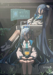Rule 34 | &lt;key&gt; (blue archive), &lt;key&gt; (robot) (blue archive), 2girls, absurdly long hair, aqua necktie, aris (blue archive), baw hei, black skirt, black socks, blue archive, closed eyes, closed mouth, collarbone, collared shirt, commentary request, dual persona, hairband, halo, highres, holographic monitor, jacket, light smile, long hair, long sleeves, multiple girls, necktie, open clothes, open jacket, ruins, shirt, short necktie, skirt, sleeping, socks, very long hair, white footwear, white jacket, white shirt