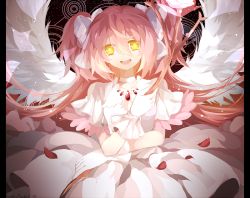 Rule 34 | 10s, 1girl, bad id, bad pixiv id, bow, dress, gloves, hair bow, kaname madoka, long hair, magical girl, mahou shoujo madoka magica, mahou shoujo madoka magica (anime), pink hair, shouen kigashi, smile, solo, spoilers, twintails, two side up, ultimate madoka, wings, yellow eyes