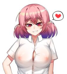Rule 34 | 1girl, badge, bippew, breasts, button badge, cleavage, collared shirt, commentary request, covered erect nipples, gradient hair, heart, highres, korean commentary, large breasts, looking at viewer, lucid (maplestory), maplestory, medium hair, multicolored hair, parted lips, pink eyes, pink hair, pointy ears, purple hair, shirt, short sleeves, simple background, smirk, solo, spoken heart, upper body, white background, white shirt