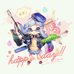 Rule 34 | &gt; &lt;, 2girls, blue hair, blue headwear, blue skirt, commentary request, dated, happy birthday, inkling, inkling girl, inkling player character, layered clothes, long hair, looking at viewer, multiple girls, namie-kun, nintendo, pink hair, pleated skirt, pointy ears, signature, skirt, splatoon (series), standing, star (symbol), tagme, water balloon, wavy mouth
