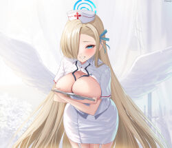 Rule 34 | 1girl, absurdres, angel wings, asuna (blue archive), asymmetrical hair, blonde hair, blue archive, blue eyes, blue halo, blush, breasts, breasts out, crossed arms, elsynien, flower, garter belt, hair ornament, hair over one eye, halo, hat, highres, large breasts, long hair, looking at viewer, mole, mole on breast, no bra, nurse, nurse cap, smile, solo, very long hair, white flower, wings