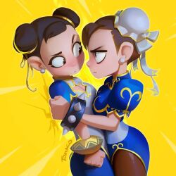 Rule 34 | 2girls, against wall, blue pants, blush, bracelet, breasts, brown eyes, brown hair, bun cover, capcom, china dress, chinese clothes, chun-li, cleavage, cleavage cutout, clothing cutout, commentary, double bun, dress, dual persona, earrings, english commentary, frown, hair bun, hair ribbon, highres, jewelry, medium breasts, multiple girls, pants, pantyhose, raised eyebrow, ribbon, spiked bracelet, spikes, street fighter, street fighter 6, street fighter ii (series), tomaco sunderland, v-shaped eyebrows