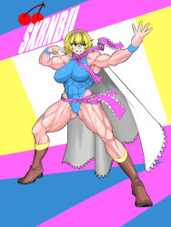 Rule 34 | 1girl, absurdres, adapted costume, alice margatroid, asha, blonde hair, blue eyes, blue leotard, boots, breasts, brown footwear, character name, cherry, commentary request, cookie (touhou), fighting stance, food, frilled hairband, frilled necktie, frilled sash, frills, fruit, full body, grin, hairband, highres, large breasts, leotard, looking afar, medium bangs, muscular, muscular female, name connection, necktie, object namesake, pink necktie, pink sash, sakuranbou (cookie), sash, short hair, smile, solo, standing, touhou, wrist cuffs