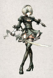 Rule 34 | 1girl, 2b (nier:automata), absurdres, ameyoshi-kun, blindfold, boots, breasts, cleavage, cleavage cutout, clothing cutout, covered eyes, dress, full body, grey background, high heel boots, high heels, highres, holding, holding sword, holding weapon, nier:automata, nier (series), short hair, simple background, solo, standing, sword, thigh boots, thighhighs, thighhighs under boots, turtleneck, turtleneck dress, weapon, zettai ryouiki