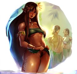 Rule 34 | 1boy, 2girls, artist name, black pubic hair, bracer, breasts, brown hair, clothes lift, collarbone, dark-skinned female, dark skin, elf, facial mark, female pubic hair, flower, green tube top, hair flower, hair ornament, jewelry, lifted by self, lips, long hair, medium breasts, mismatched pubic hair, mrkg (arsfatuus), multiple girls, navel, neck ring, necklace, orange flower, original, parted lips, pointy ears, pubic hair, purple eyes, strapless, thighs, tube top, underboob, very long hair, wading