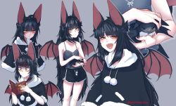 Rule 34 | 1girl, :d, absurdres, animal, animal ears, bare arms, bare shoulders, bat (animal), bat ears, bat girl, bat wings, batatvideogames, black hair, black shorts, book, collarbone, commission, fangs, frown, grey background, headpat, highres, holding, holding animal, holding book, indie virtual youtuber, long hair, moriko kyoho, open mouth, orange eyes, poncho, popopoka, reading, shorts, simple background, skirt, smile, tank top, tearing up, teeth, virtual youtuber, wings