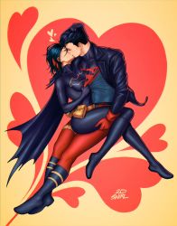 Rule 34 | 1boy, 1girl, 2dswirl, artist name, batgirl, batman (series), belt, black cape, black hair, black jacket, blue bodysuit, bodysuit, boots, breasts, cape, cassandra cain, clothes grab, commentary, commission, couple, dc comics, earrings, english commentary, closed eyes, full body, gloves, hand on another&#039;s head, heart, heart background, hetero, highres, jacket, jewelry, kiss, kon-el, open clothes, open jacket, red bodysuit, red gloves, short hair, sitting, sitting on lap, sitting on person, skin tight, spandex, superboy, superhero costume, superman (series), undercut, utility belt