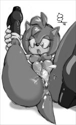 Rule 34 | 1girl, aftersex, amy rose, breasts, cum, cum in pussy, female focus, furry, furry female, highres, monochrome, nipples, pussy, sega, solo, sonic (series), tail, white background