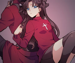 Rule 34 | 1boy, 1girl, archer (fate), back-to-back, black thighhighs, blue eyes, breasts, brown hair, closed mouth, collar, commentary request, cross, fate/stay night, fate (series), from behind, gradient background, hair ornament, hair over shoulder, long hair, long sleeves, looking at viewer, lowres, simple background, sitting, skirt, suga (suga suga), sweater, thighhighs, tohsaka rin, twintails, two side up, zettai ryouiki