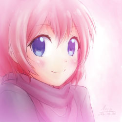 Rule 34 | 1girl, blue eyes, close-up, looking at viewer, nicca (kid nicca), original, pink hair, scarf, short hair, signature, smile, solo