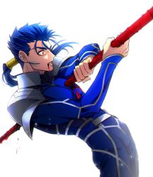 Rule 34 | 1boy, backlighting, blood, blood in mouth, blue hair, cu chulainn (fate), cu chulainn (fate/stay night), earrings, fate/stay night, fate (series), highres, impaled, jewelry, long hair, male focus, mayuki (ubiquitous), ponytail, red eyes, solo, spoilers, suicide