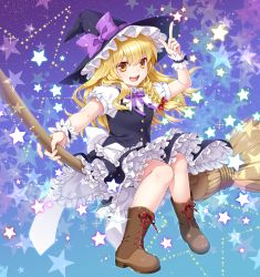 Rule 34 | 1girl, apron, arm up, blonde hair, boots, bow, braid, broom, broom riding, brown footwear, cross-laced footwear, frills, full body, gradient background, hair bow, hair ornament, hat, hat bow, hat ribbon, highres, kirisame marisa, lace-up boots, long hair, mise yuzuki, pointing, pointing up, puffy sleeves, ribbon, shirt, short sleeves, side braid, single braid, skirt, skirt set, solo, star (symbol), touhou, vest, waist apron, witch hat, wrist cuffs