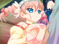 Rule 34 | bare shoulders, blue eyes, breasts, censored, cum, detached sleeves, covered erect nipples, futa with male, futanari, futawitch, highres, huge breasts, long hair, maid headdress, nipples, no bra, paizuri, penis, pink hair, potato house, purple hair, red eyes, solo focus, thighhighs, twintails