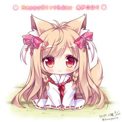 Rule 34 | 1girl, animal ear fluff, animal ears, bell, blush, bow, braid, character name, chibi, closed mouth, commentary request, flower, fox ears, fox tail, hair bell, hair bow, hair flower, hair ornament, hair ribbon, hakama, hakama skirt, happy birthday, highres, japanese clothes, jingle bell, kimono, light brown hair, long hair, long sleeves, looking at viewer, miko, mito kohaku, pink bow, pink ribbon, red eyes, red flower, red hakama, ribbon, ribbon-trimmed sleeves, ribbon trim, ryuuka sane, side braids, signature, skirt, smile, solo, tail, tatami, tayutama 2, twin braids, twitter username, two side up, very long hair, white background, white kimono, wide sleeves